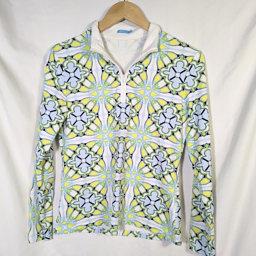 J McLaughlin Women's Bedford Yellow Green Blue Geometric Print 1/4 Zip Top Sz M - Picture 2 of 10